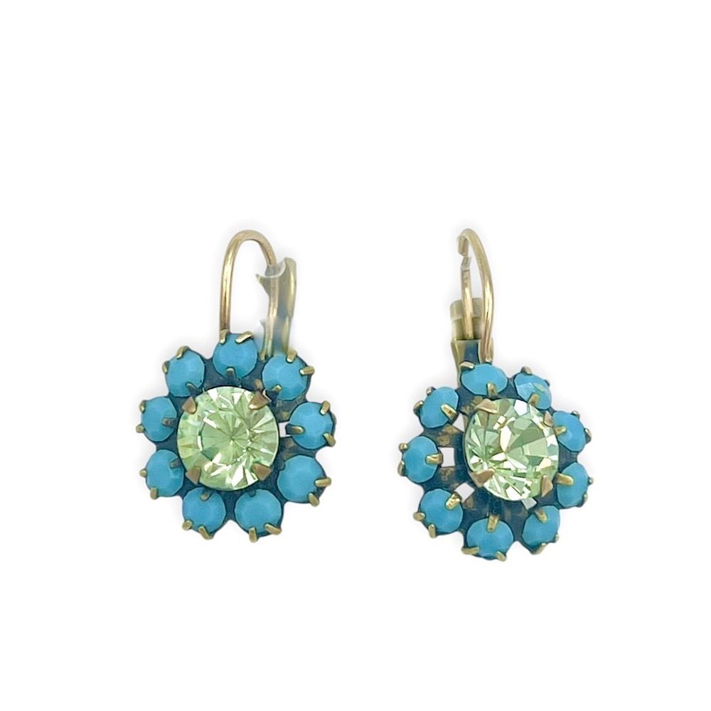 Liz Palacios Earrings Blue Turquoise Crystal Dangle Drop Flower Brass Leverback